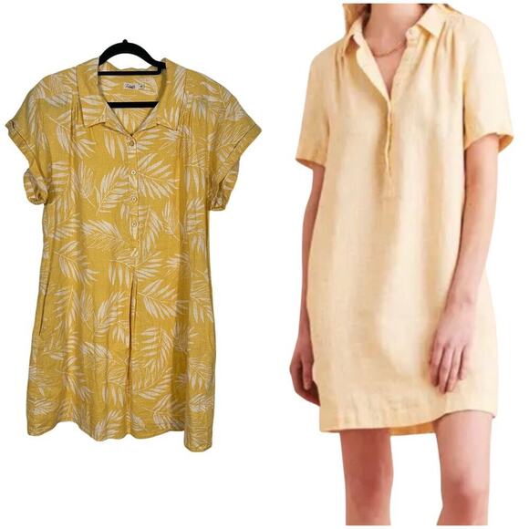Faherty Dress Hana Linen Palm Sun Sundress Short Sleeve Collared Yellow White M - Picture 1 of 10